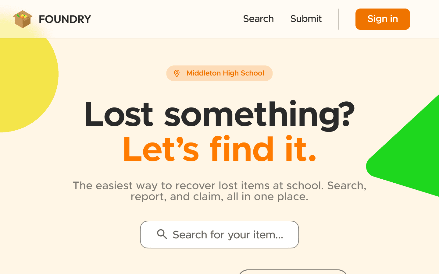 Homepage hero, search-first lost and found