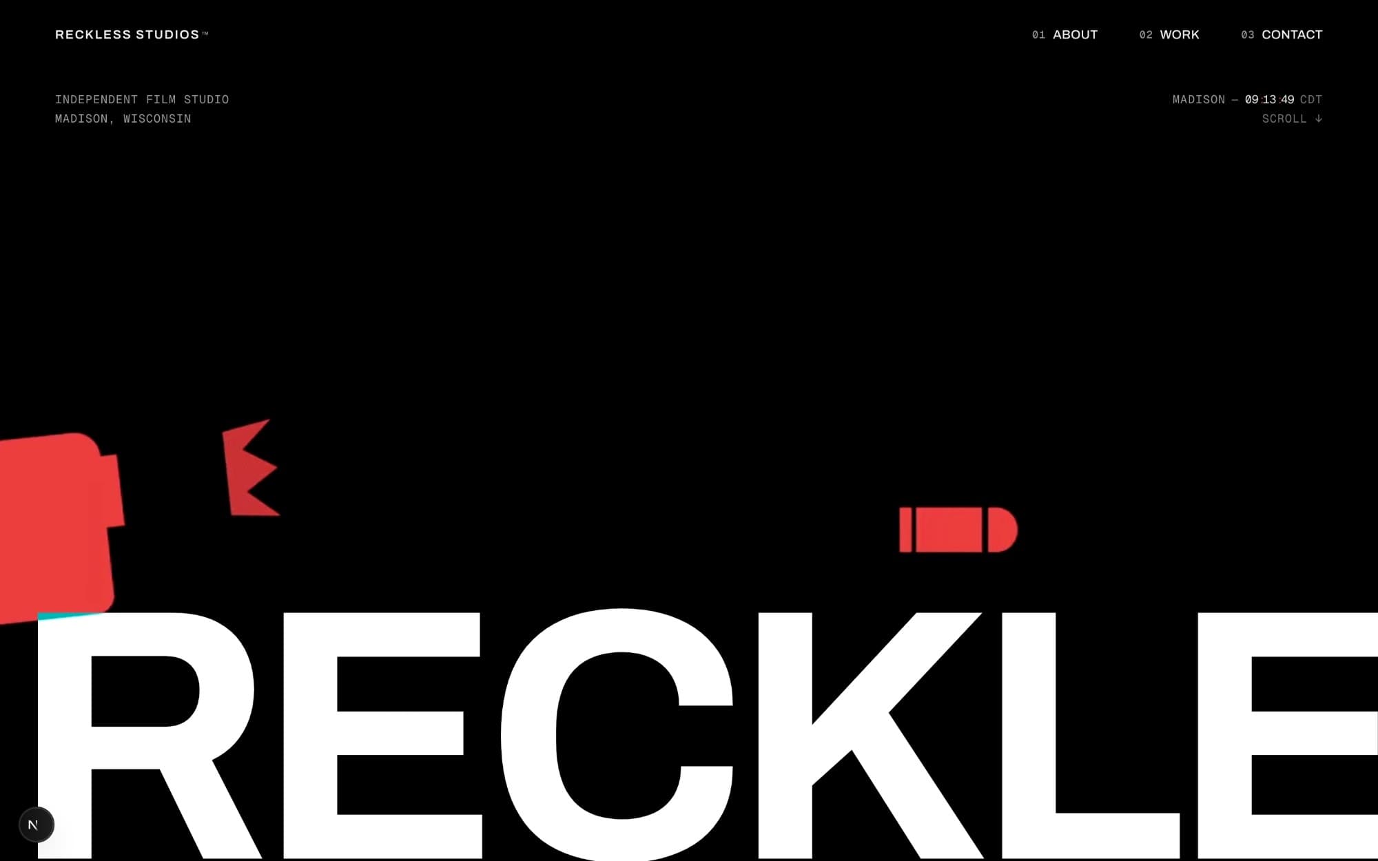 Homepage hero, the studio wordmark set full-bleed on black