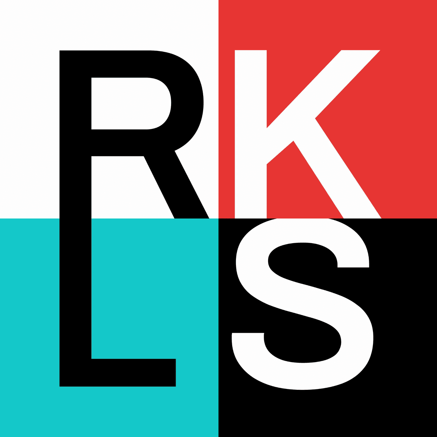 The refreshed Reckless Studios mark: RKLS set in four black, white, red and teal quadrants