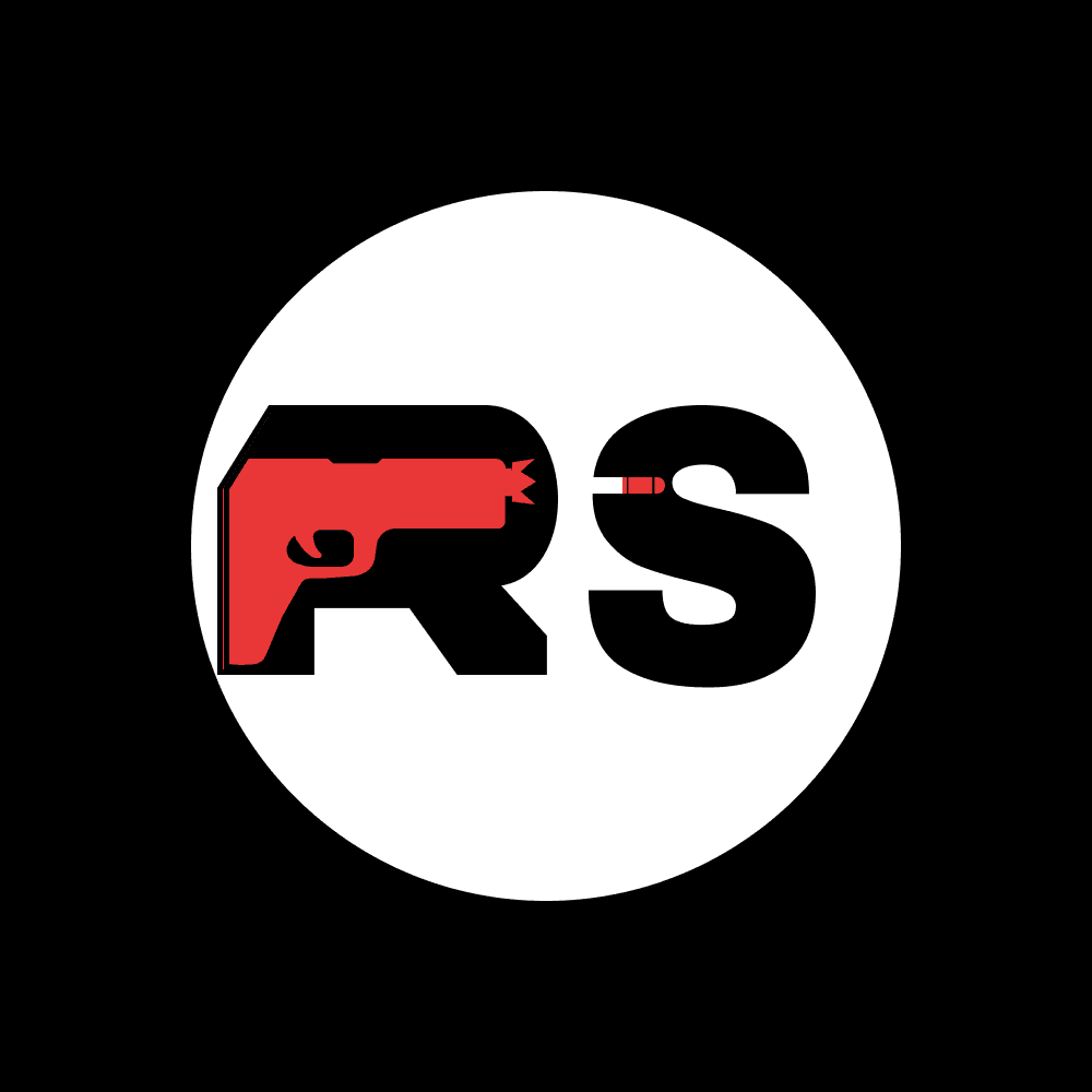 The Reckless Studios mark redrawn as vector art: black RS on a white disc, red pistol